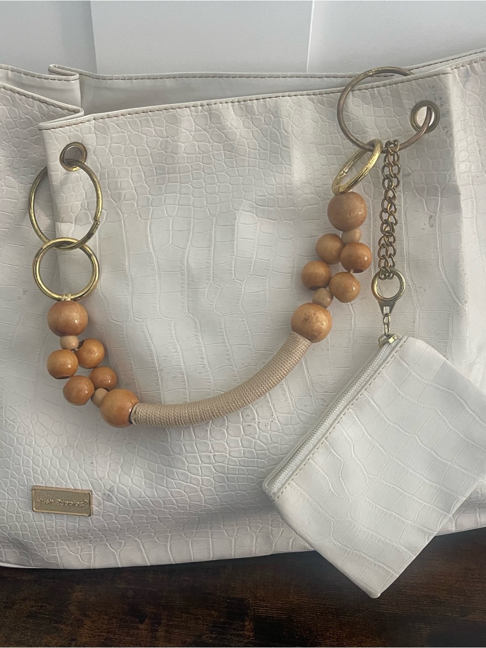 Hush Puppies White Croc-Embossed Tote with Wooden Bead Handle and Coin Pouch